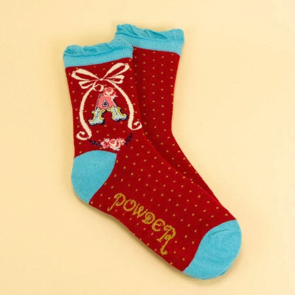 Bamboo Alphabet‎ Socks Letter A Floral Polka Dot Ruffle Cuff NEW